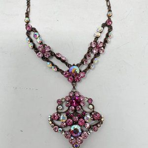 Felicia Woman’s Necklace Costume Jewelry Pink Rhinestones Copper Look Chain Sign